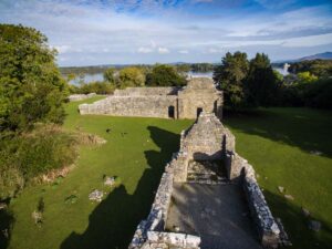 Aerial Shot overwieing the monastery ruins on Inisfallen Island